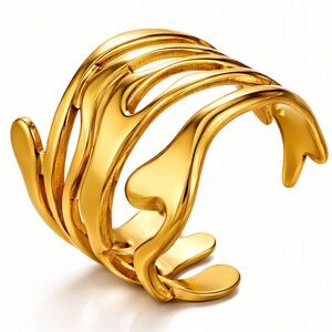 18K Gold Plated Wave Ring Stainless Steel Adjustable Statement Band